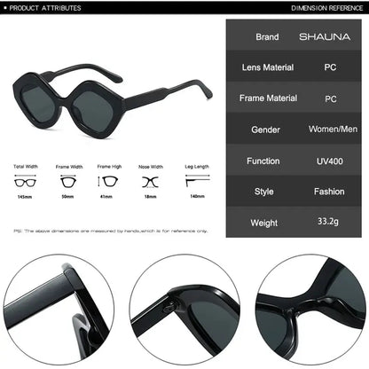 SHAUNA Retro irregular polygon cat-eye sunglasses; black frame, dark green lenses, UV400 fashion – Astroshadez
