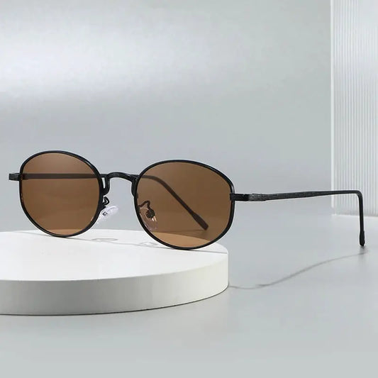 SHAUNA oval metal sunglasses with black frame and brown lenses, UV400 protection – Astroshadez