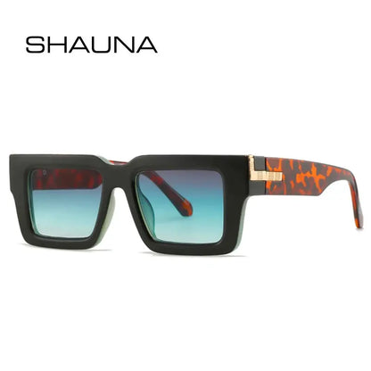 SHAUNA retro square sunglasses with black front frame and tortoise-pattern temples, blue gradient lenses – Astroshadez