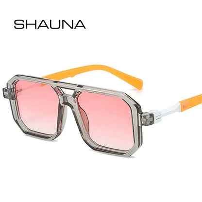 SHAUNA double-bridge square sunglasses with transparent gray frame, orange temples and pink gradient lenses – Astroshadez