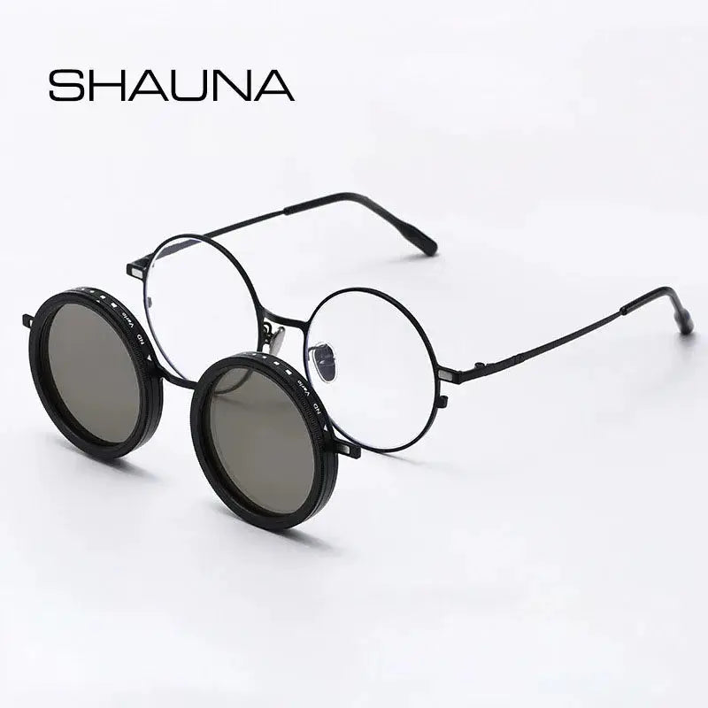 SHAUNA magnetic clip sunglasses with black round frames and dual lenses (clear inner, dark ND9 polarized) – Astroshadez