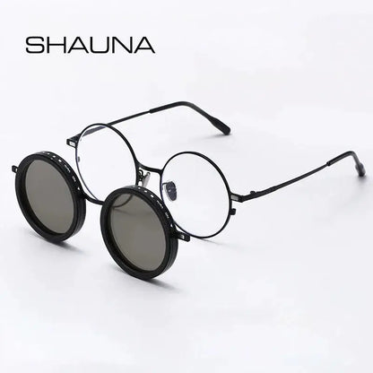 SHAUNA magnetic clip sunglasses with black round frames and dual lenses (clear inner, dark ND9 polarized) – Astroshadez