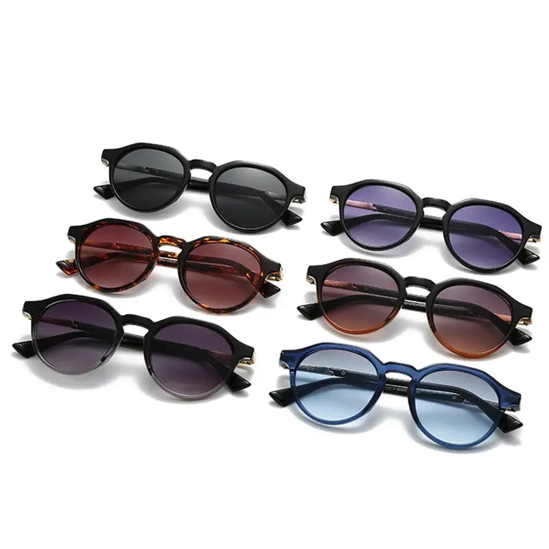 SHAUNA round sunglasses set six pairs in black, tortoise, red-brown, purple, and blue frames with gradient lenses– Astroshadez