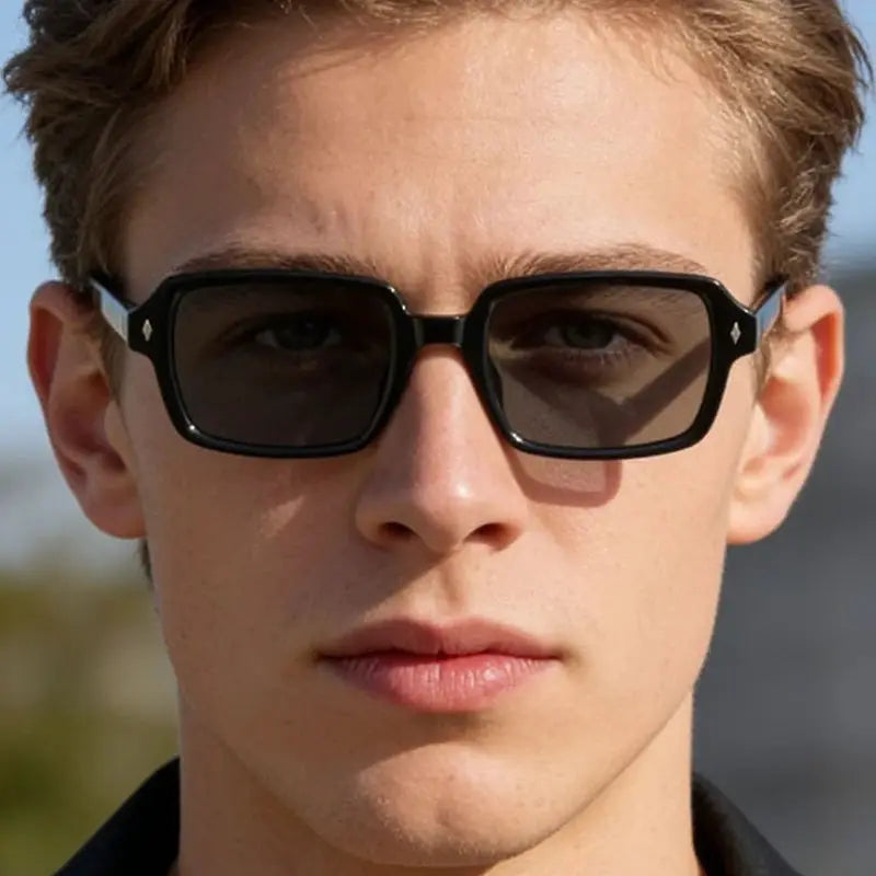Shauna Fashion Square sunglasses with black rectangular frame, retro rivet accents, and gradient lenses – Astroshadez