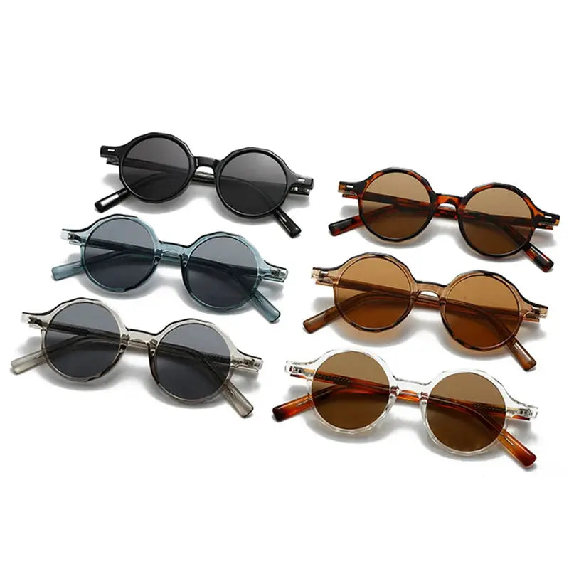 SHAUNA polygon round sunglasses set: six pairs in black, blue, gray, tortoise brown, amber, and clear frames with UV400 lenses and rivet accents – Astroshadez