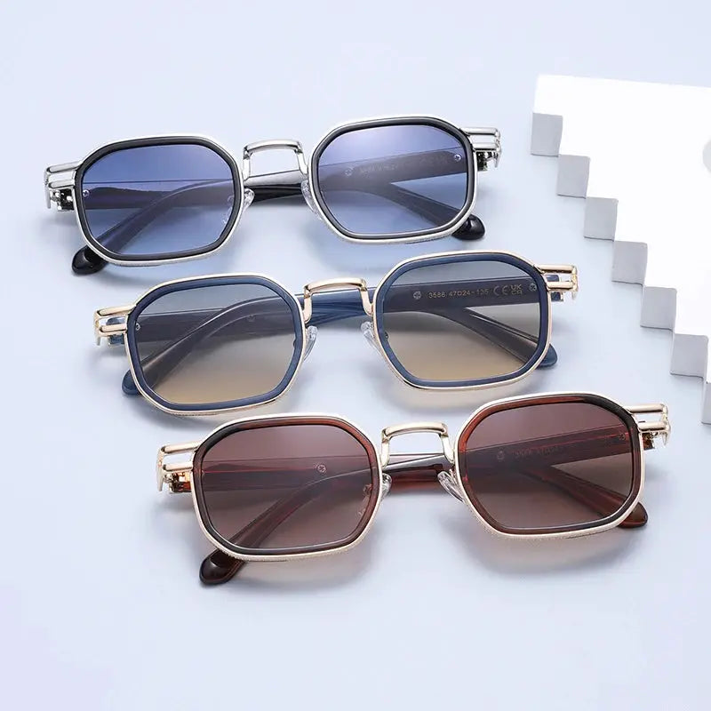 SHAUNA retro square metal sunglasses set: silver, gold, copper frames with gradient blue and brown lenses – Astroshadez