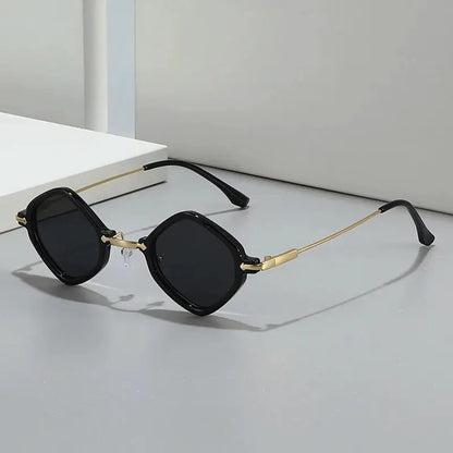 SHAUNA Retro Small Polygon Square sunglasses with black frame, gold metal temples, dark lenses – Astroshadez