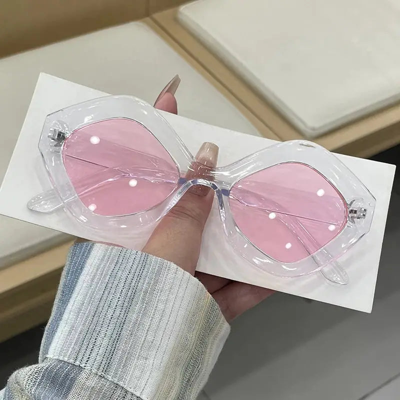 SHAUNA retro irregular polygon cat-eye sunglasses with transparent frame and pink UV400 lenses – Astroshadez