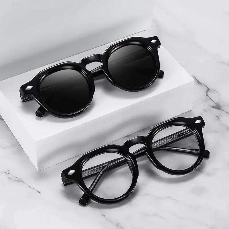 SHAUNA retro round sunglasses, black frames and dark lenses, set of 2 pairs– Astroshadez