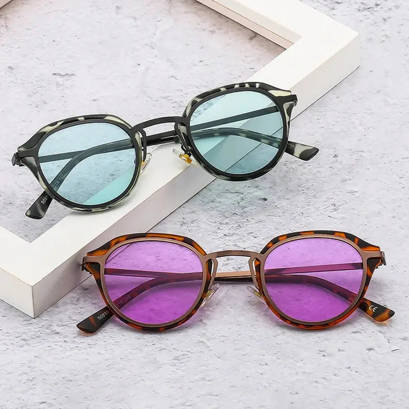 SHAUNA oval sunglasses in black tortoiseshell with blue lenses; round purple-lens pair – two pairs – Astroshadez