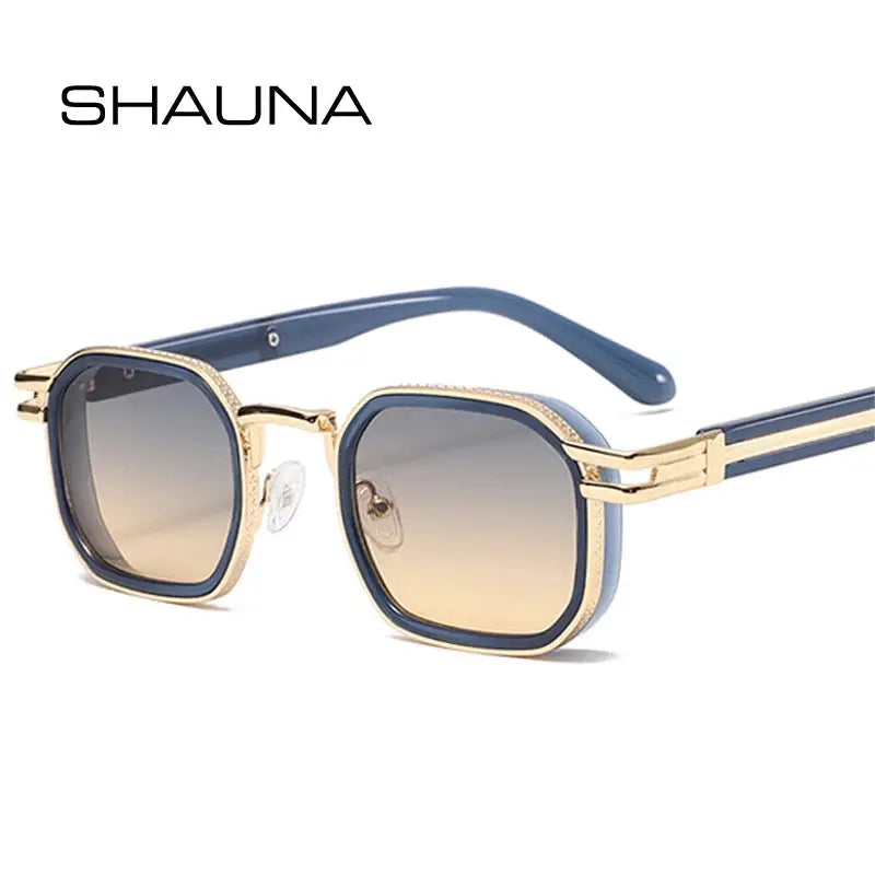 SHAUNA retro square metal sunglasses with blue frames, gold accents, brown gradient lenses – Astroshadez