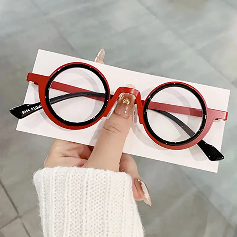 SHAUNA retro round punk metal sunglasses, red and black dual-color frame with clear UV400 lenses – Astroshadez