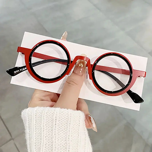 SHAUNA retro round punk metal sunglasses, red and black dual-color frame with clear UV400 lenses – Astroshadez