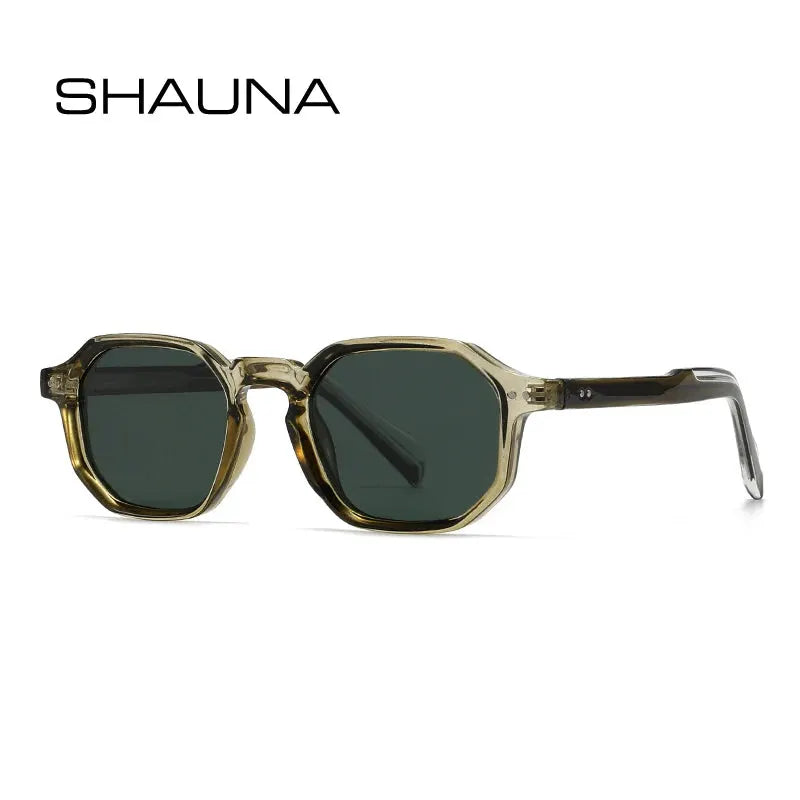 SHAUNA polygon square sunglasses with translucent amber frame and dark green polarized lenses UV400 – Astroshadez