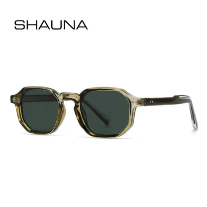 SHAUNA polygon square sunglasses with translucent amber frame and dark green polarized lenses UV400 – Astroshadez