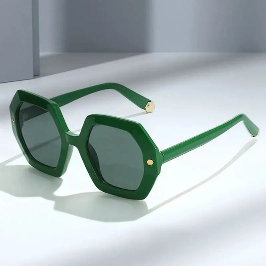 Green polygon-square sunglasses with gold rivets and dark gray lenses – Astroshadez