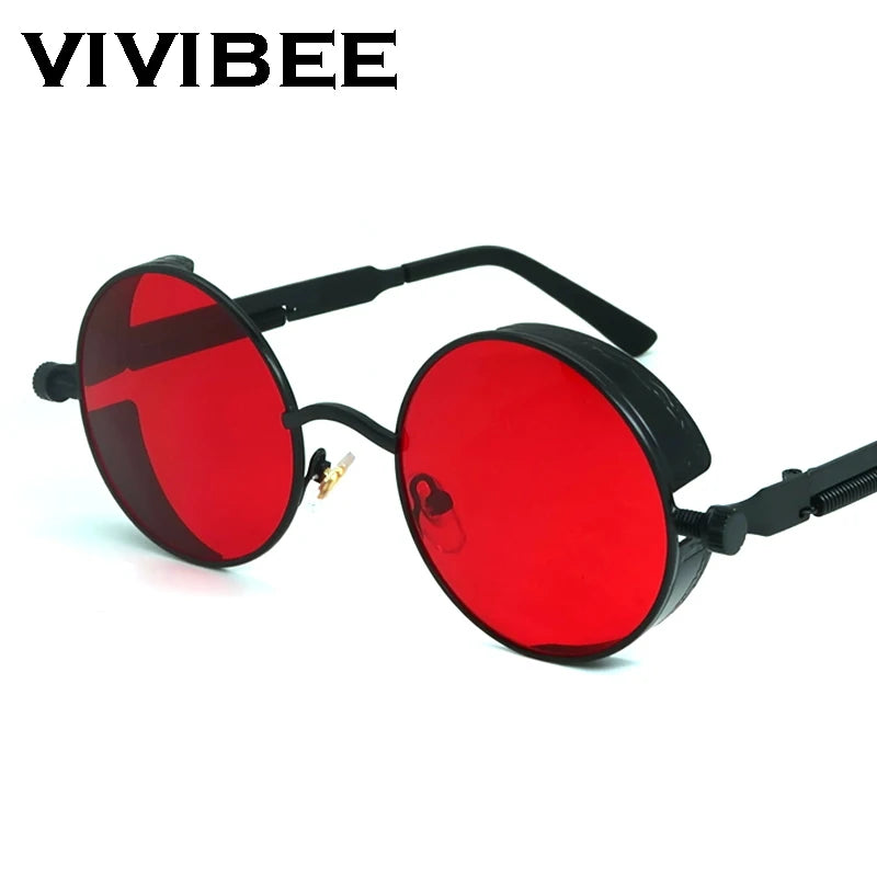 VIVIBEE Vintage Steampunk Red Sunglasses Men Round Punk Alloy Metal Retro Sun Glasses Women 2026 Goggles Gothic Style Shades by ASTROSHADEZ.COM