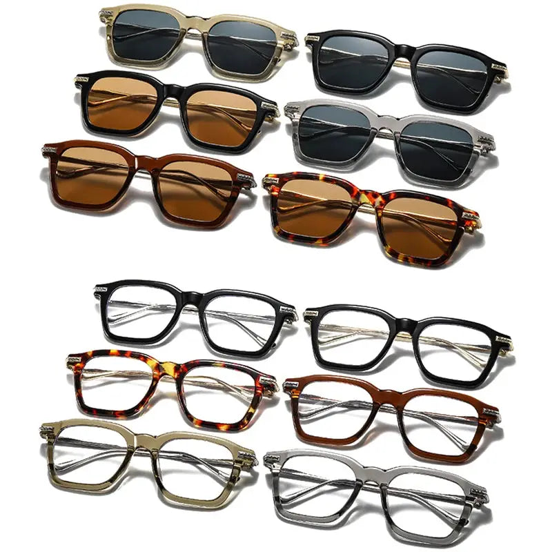 SHAUNA retro square sunglasses – 12-frame mix with UV400 dark gray lenses in black, tortoise, and clear – Astroshadez