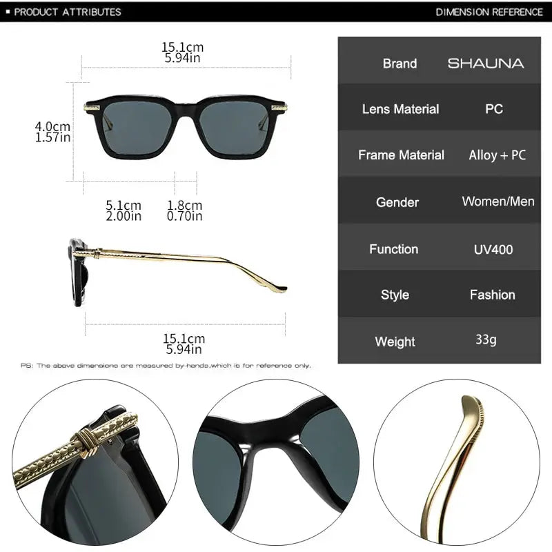 SHAUNA retro square sunglasses with black frame, dark gray lenses, and gold-tone temples for fashion – Astroshadez