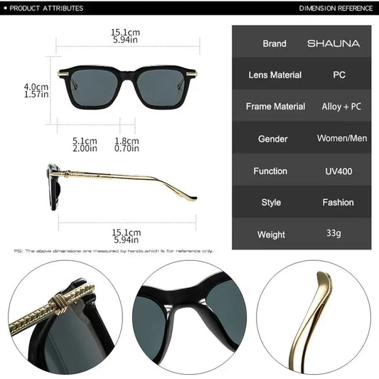 SHAUNA retro square sunglasses with black frame, dark gray lenses, and gold-tone temples for fashion – Astroshadez