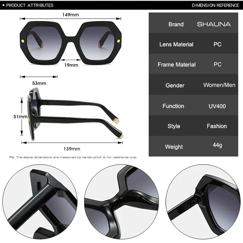 SHAUNA Vintage Polygon Square Sunglasses, black PC frame with gradient UV400 lenses and metal rivets – Astroshadez