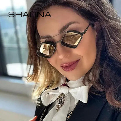 SHAUNA retro steampunk sunglasses with black metal hollow frame and gradient mirror lenses UV400 – Astroshadez