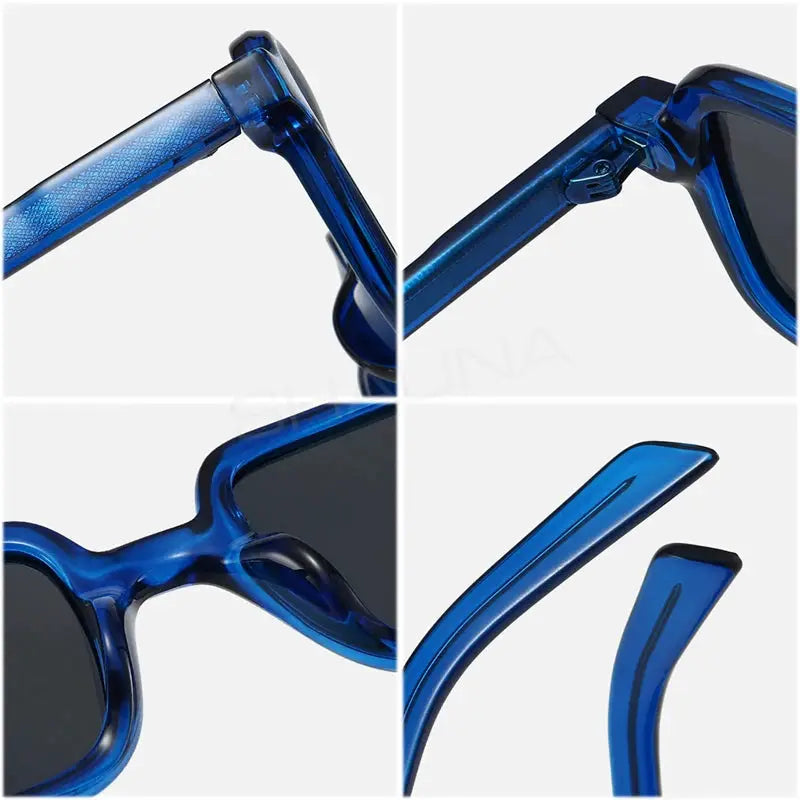 SHAUNA square sunglasses in blue translucent frame with dark lenses, shown as a four-angle collage – Astroshadez