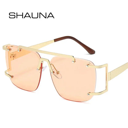 SHAUNA retro metal square sunglasses with double bridge and rimless ocean gradient lenses – gold frame – Astroshadez