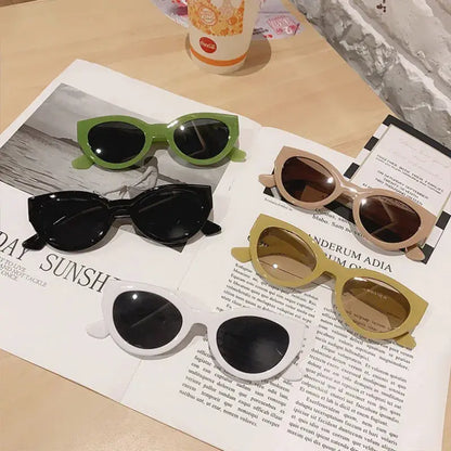 SHAUNA retro women cat-eye sunglasses with jelly green frame and dark lenses; five color options shown – Astroshadez