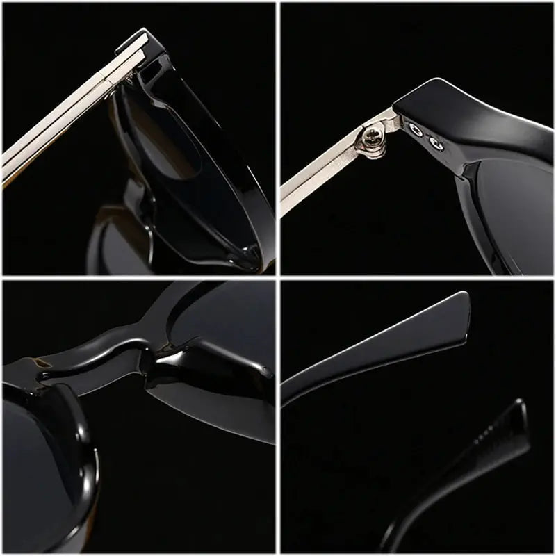SHAUNA round sunglasses, black glossy frame with gold-tone temples, dark gradient lenses, UV400 – Astroshadez