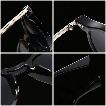 SHAUNA round sunglasses, black glossy frame with gold-tone temples, dark gradient lenses, UV400 – Astroshadez
