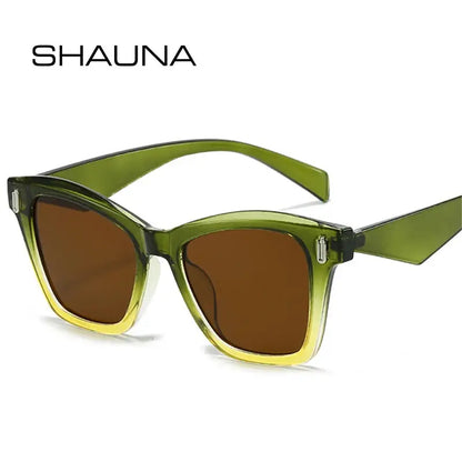 SHAUNA cat-eye sunglasses with translucent olive-green frame and brown gradient lenses, rivet accents– Astroshadez
