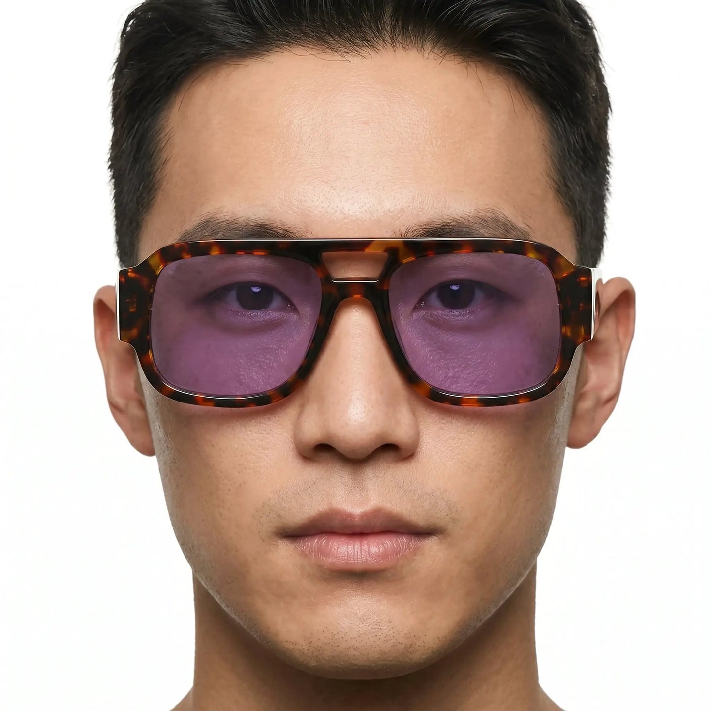 Luxon tortoiseshell double-bridge sunglasses with purple lenses; bold square frame – Astroshadez