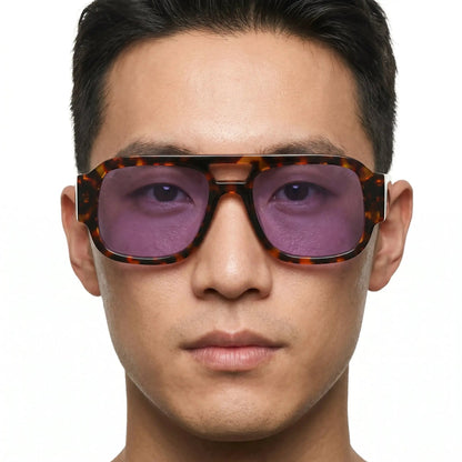 Luxon tortoiseshell double-bridge sunglasses with purple lenses; bold square frame – Astroshadez