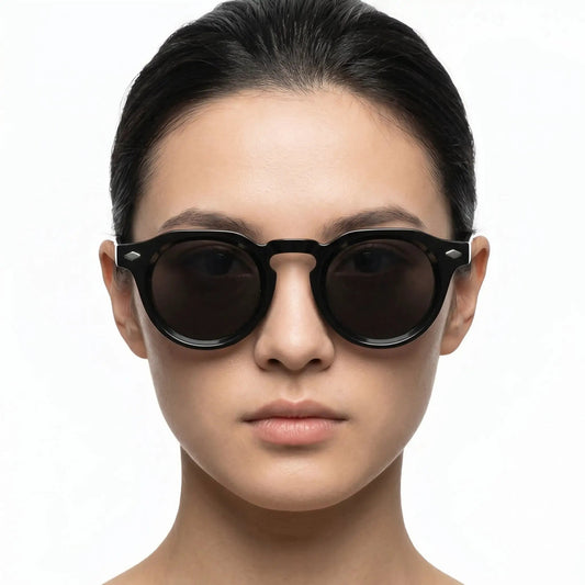 Aurelius Jet Black Round UV400 Sunglasses; black glossy frame, dark lenses, bold retro style – Astroshadez