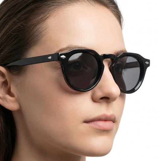 Aureon Onyx riveted round UV400 sunglasses; black frame, dark lenses – Astroshadez