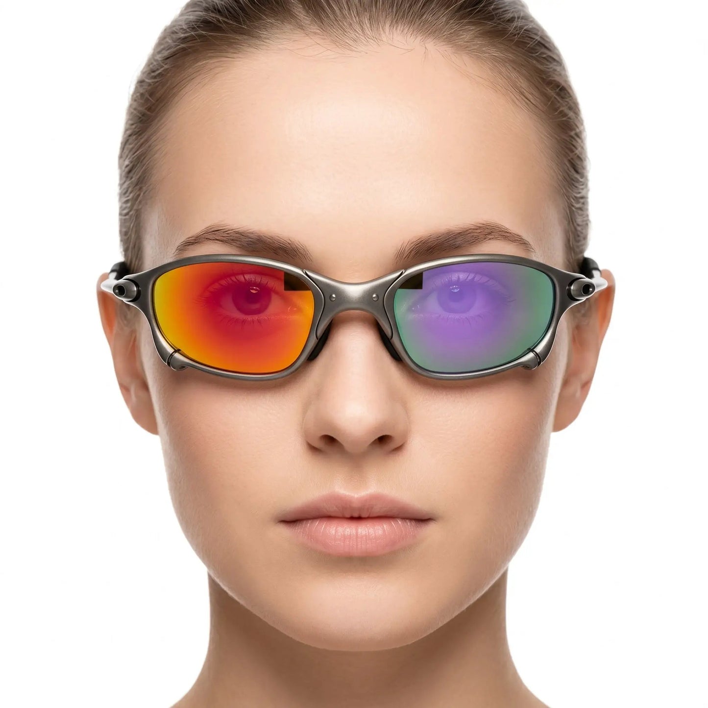 Aurelius orange-mirror polarized sunglasses with metallic gray frame and orange/purple mirrored lenses – Astroshadez