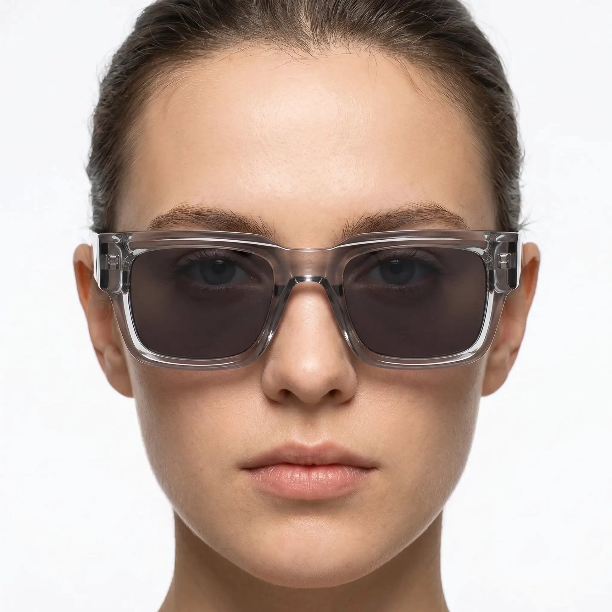 Aurelia Clear Acetate Square Gradient Sunglasses with transparent frame and dark gradient lenses – Astroshadez