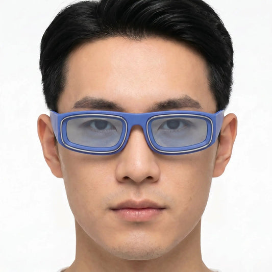 Aureon Blue Matte Plastic Rectangular Lightweight Sunglasses with gray-blue lenses – Astroshadez