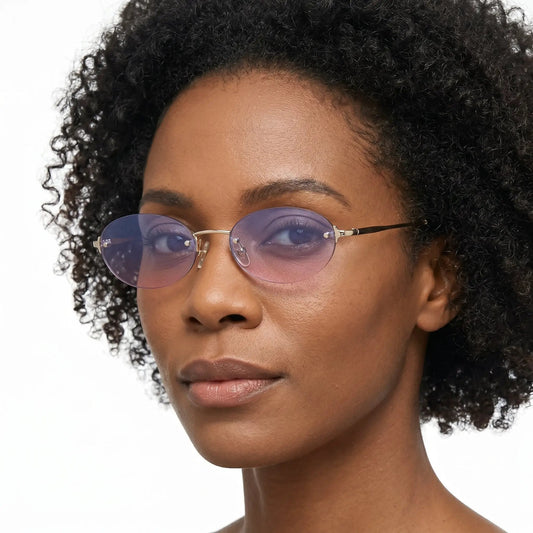 Sunglasses Aurelius gold rimless oval frames with purple gradient lenses – Astroshadez
