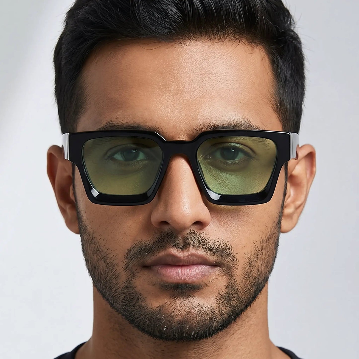 Nexora black square sunglasses with green-tinted lenses; bold frame, sleek style – Astroshadez