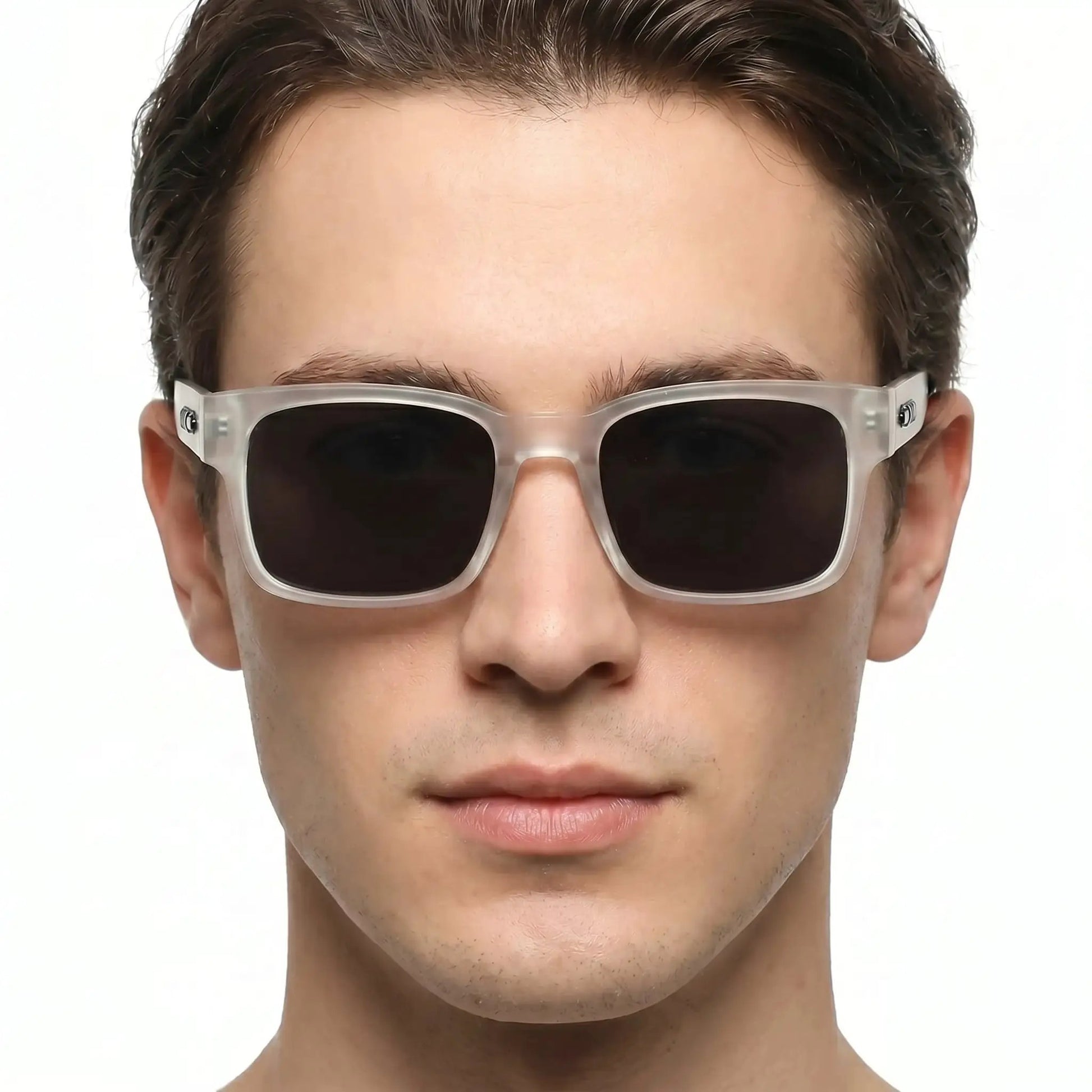 Aurelian crystal-clear polarized sunglasses with translucent rectangular frame and dark lenses – Astroshadez