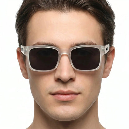 Aurelian crystal-clear polarized sunglasses with translucent rectangular frame and dark lenses – Astroshadez