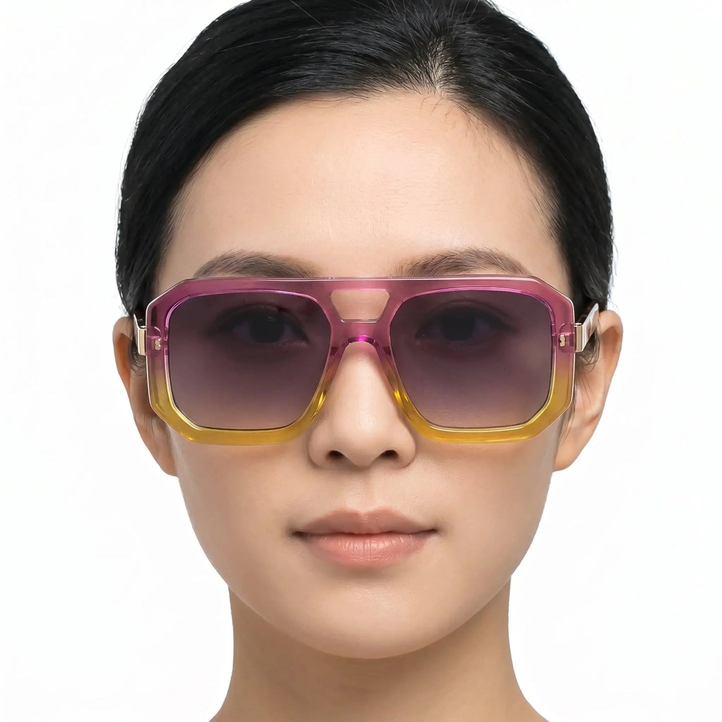 Valore Magenta Gradient oversized sunglasses; magenta square-frame with purple-to-yellow lenses – Astroshadez