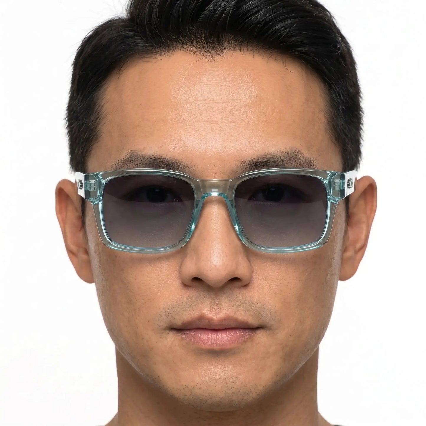 Aurelius teal acetate square polarized sunglasses, translucent frame, dark lenses – Astroshadez