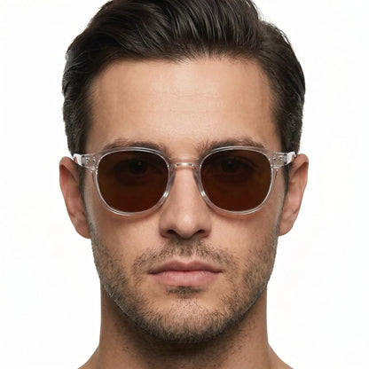 Solene round sunglasses with transparent frame and brown polarized lenses – Astroshadez
