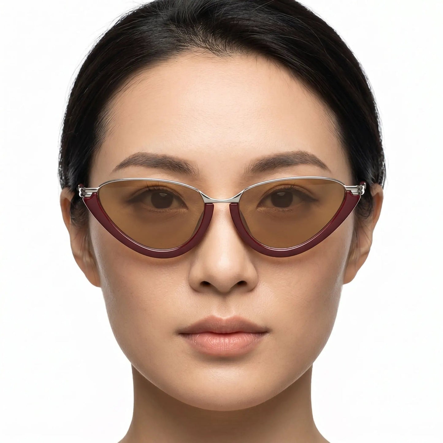 Auroria Burgundy Metallic Cat-Eye Sunglasses with brown lenses and silver-tone accents – Astroshadez