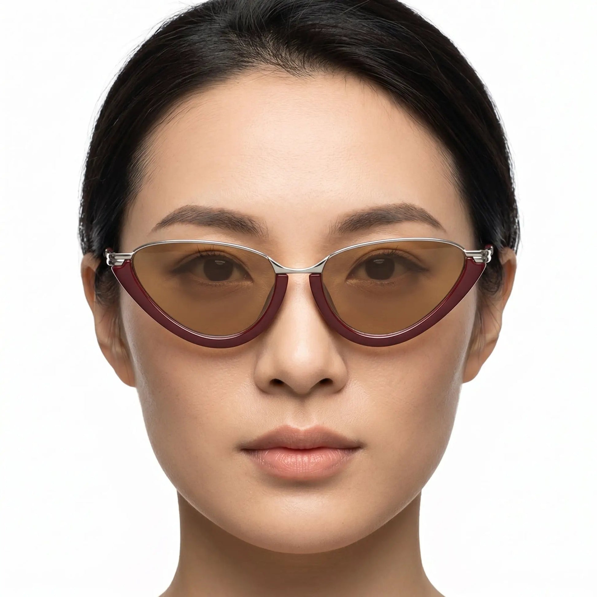 Auroria Burgundy Metallic Cat-Eye Sunglasses with brown lenses and silver-tone accents – Astroshadez