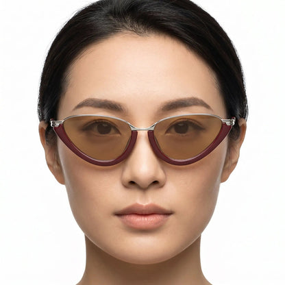 Auroria Burgundy Metallic Cat-Eye Sunglasses with brown lenses and silver-tone accents – Astroshadez