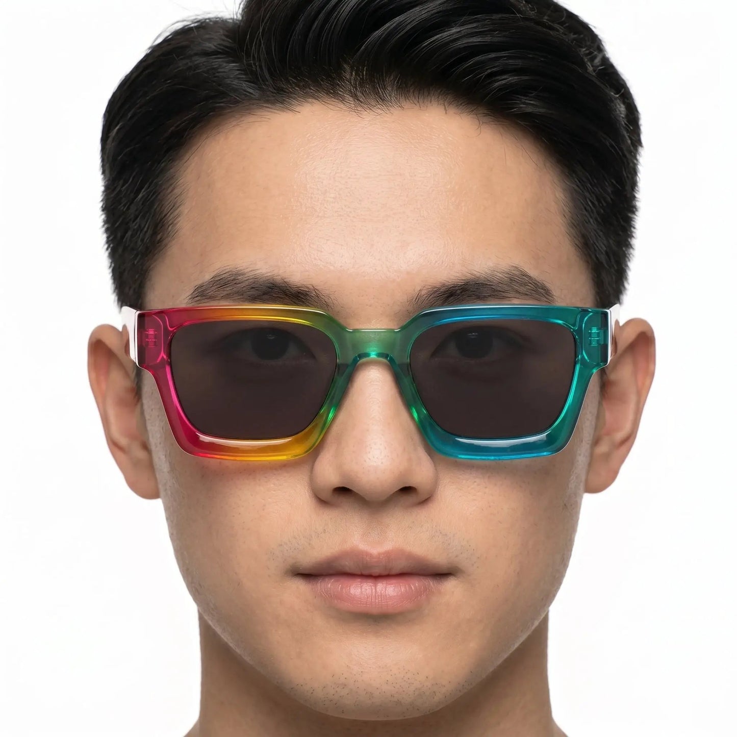 Solstice Iridescent Rainbow UV400 polarized sunglasses with an oversized square rainbow frame and dark lenses – Astroshadez